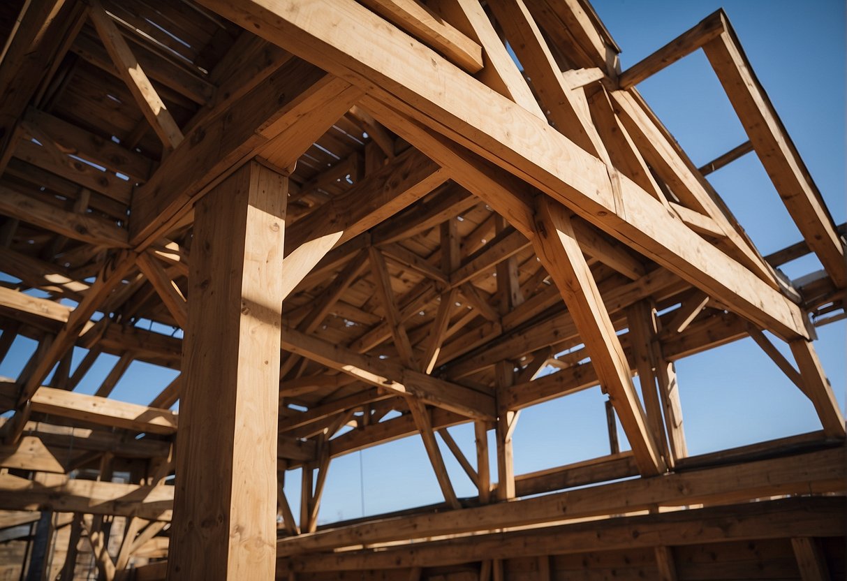 The trussed roof rises above the building, supported by sturdy beams and braces, creating a strong and stable structure