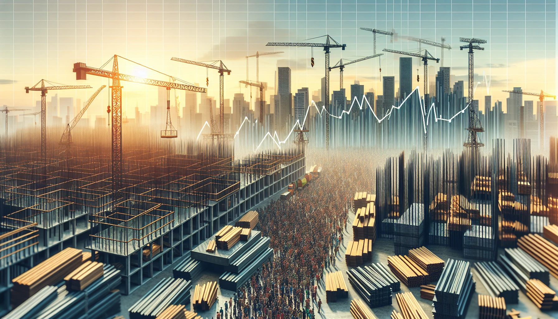Image of construction projects with a graph overlaid, indicating change in costs